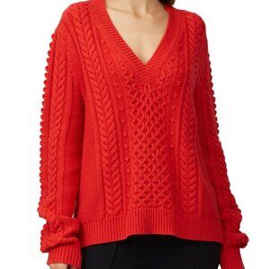 Jason Wu Red Cable Knit Popcorn Wool blend Fun, cozy V neck Sweater Sz Small
